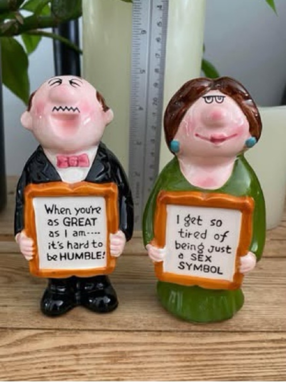 Vintage Enesco Ceramic Funny Sarcastic Couple Salt Pepper Shakers Sex Symbol